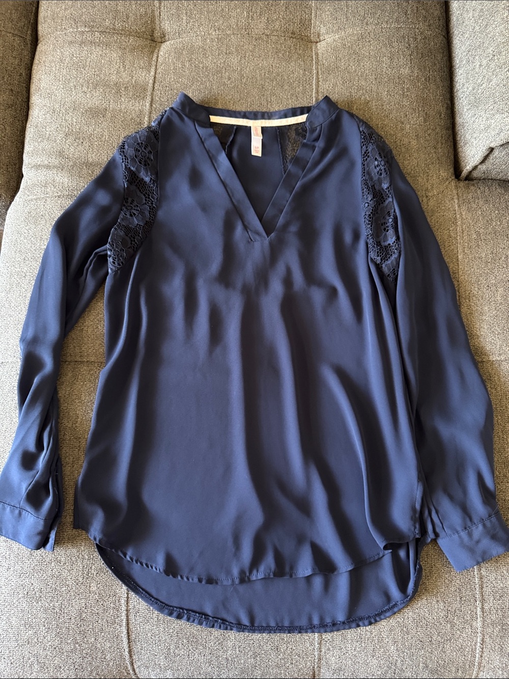 Xhilaration Navy V-Neck Blouse with Lace Shoulders